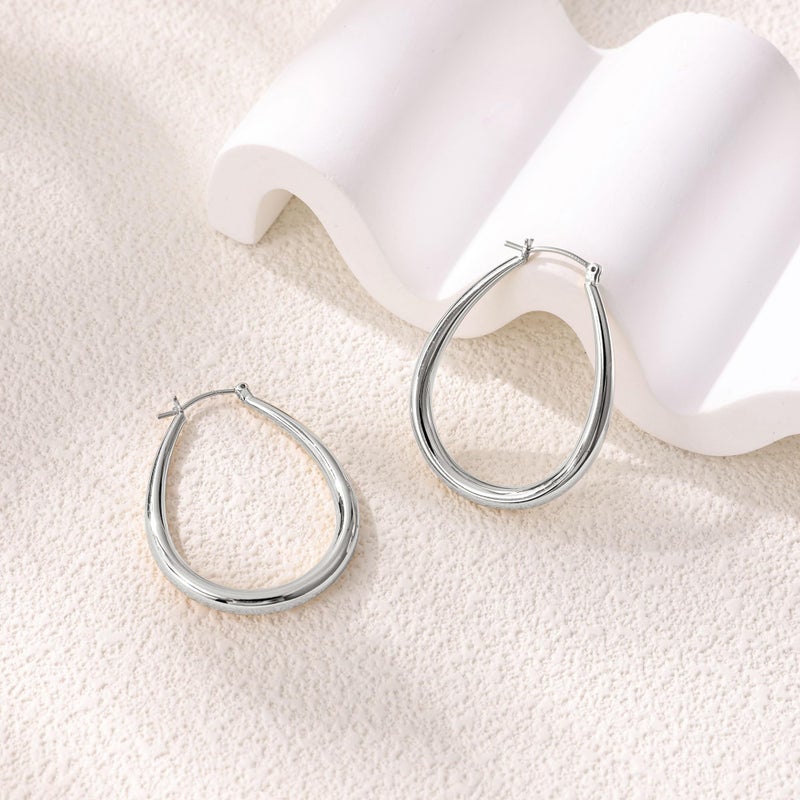 Gacimy Chunky Hoop Earrings for Women, 14K White Gold Plated Oval Hoop Medium Earrings with 925 Sterling Silver Post, 40mm Silver Tone - Image 3