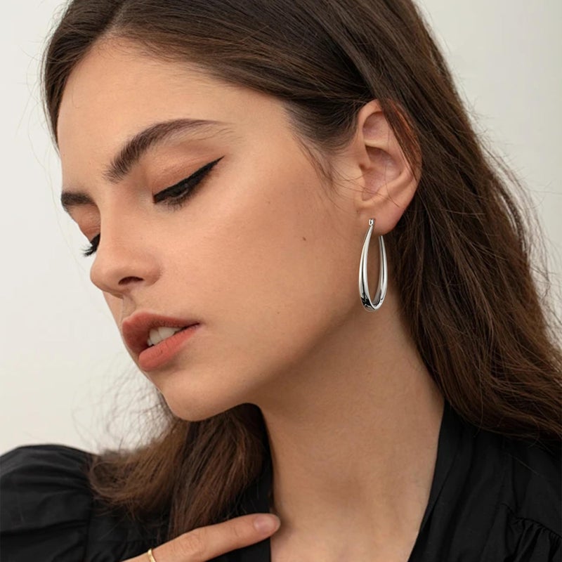 Gacimy Chunky Hoop Earrings for Women, 14K White Gold Plated Oval Hoop Medium Earrings with 925 Sterling Silver Post, 40mm Silver Tone - Image 5