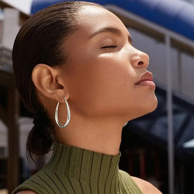 Gacimy Chunky Hoop Earrings for Women, 14K White Gold Plated Oval Hoop Medium Earrings with 925 Sterling Silver Post, 40mm Silver Tone - Image 2