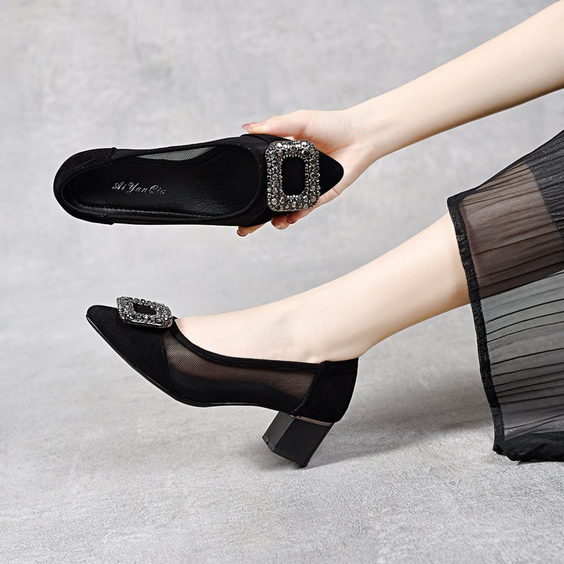 Genuine Leather Shallow Mesh Shoes For Women 2025 Spring And Pointed Toe Thick Heel Slip-On Cut Out Breathable Sandals - Image 5