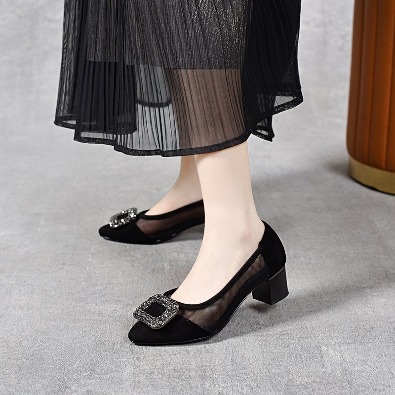 Genuine Leather Shallow Mesh Shoes For Women 2025 Spring And Pointed Toe Thick Heel Slip-On Cut Out Breathable Sandals - Image 3