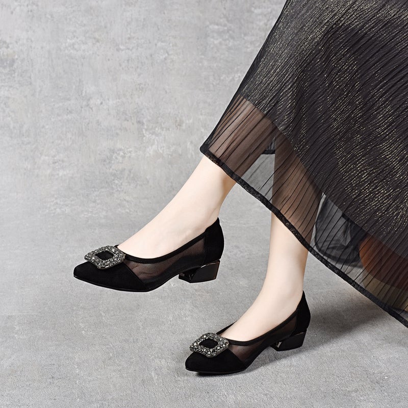 Genuine Leather Shallow Mesh Shoes For Women 2025 Spring And Pointed Toe Thick Heel Slip-On Cut Out Breathable Sandals - Image 2