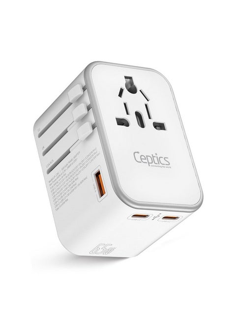 Ceptics Travel Adapter 4 in 1 65W Universal Travel Adapter with Type C - India to International Travel Adapter Plug Socket, 1 x USB, 2 x USB-C (3.1A) Fast Charging, 10 Years Warranty - White