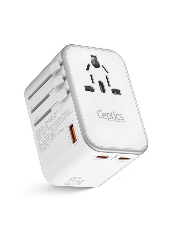 Ceptics - Ceptics Travel Adapter 4 in 1 65W Universal Travel Adapter with Type C - India to International Travel Adapter Plug Socket, 1 x USB, 2 x USB-C (3.1A) Fast Charging, 10 Years Warranty - White - Image 1