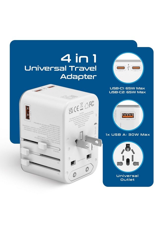 Ceptics - Ceptics Travel Adapter 4 in 1 65W Universal Travel Adapter with Type C - India to International Travel Adapter Plug Socket, 1 x USB, 2 x USB-C (3.1A) Fast Charging, 10 Years Warranty - White - Image 1