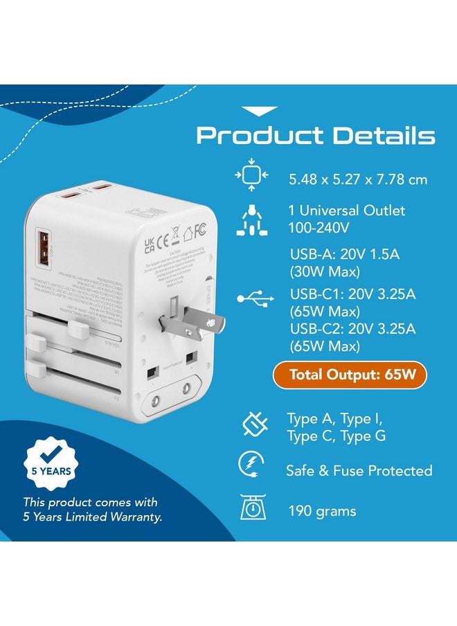Ceptics - Ceptics Travel Adapter 4 in 1 65W Universal Travel Adapter with Type C - India to International Travel Adapter Plug Socket, 1 x USB, 2 x USB-C (3.1A) Fast Charging, 10 Years Warranty - White - Image 1