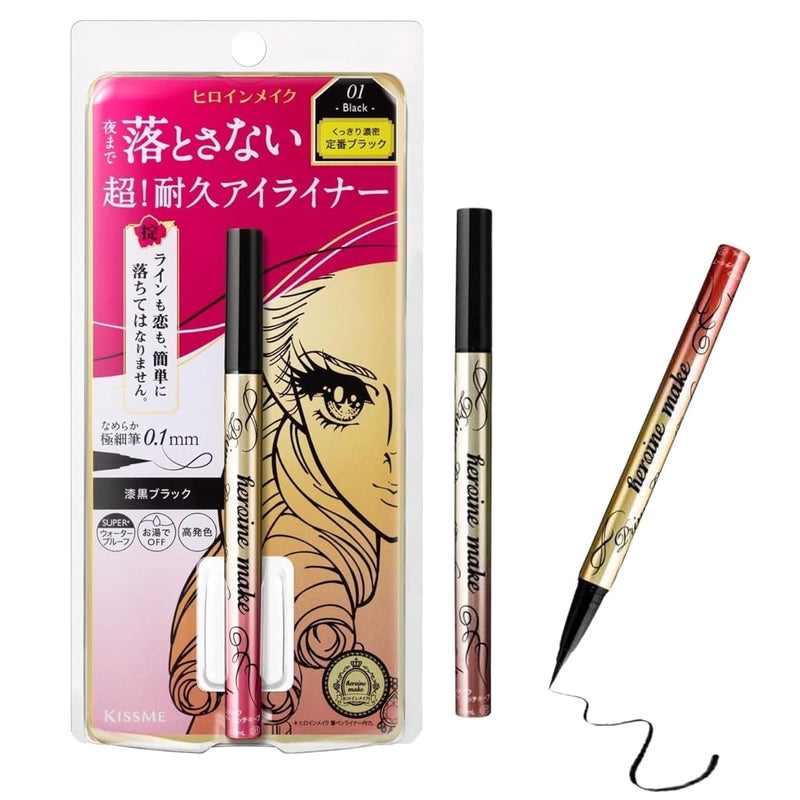 Heroine Make by KISSME Prime Liquid Waterproof Eyeliner for Woman and Sensitive Eyes, Long-lasting & Ultra Thin Tip for Precise Japanese Eye Makeup 01 Jet Black 0.4mL/0.01 Fl Oz
