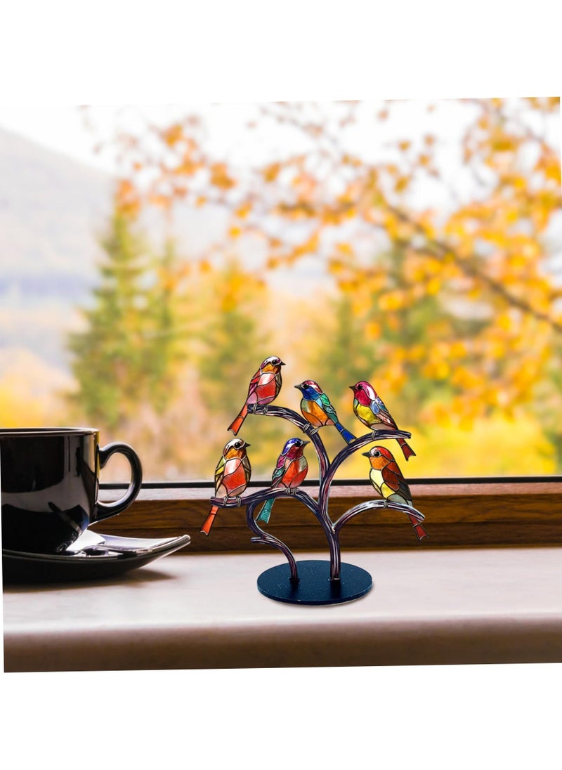 Stained Glass Birds Desktop Ornament, 6 Birds Imitation Glass Art Tabletop Decor, Metal Vivid Craft Desktop Ornaments for Home Office Decor, Retro Acrylic Desktop Decoration - Image 2