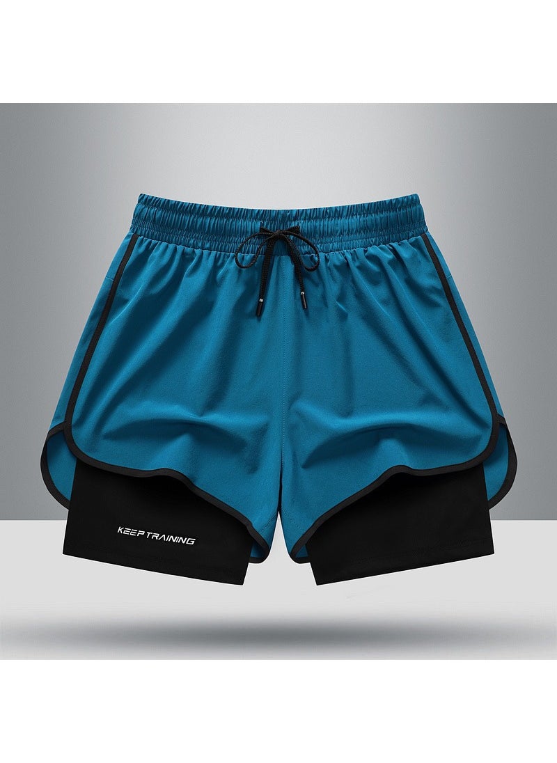 Sports Shorts Mens and Womens Summer Sports Running Shorts Quick-drying Lined Fake Two-piece Training Three-point Pants Mens Blue  - Image 1