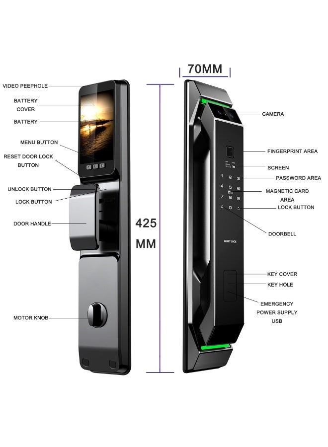 Smart WiFi Door Lock with 3D Face Unlock Fingerprint Access Keyless Entry IC Card Password App Control Voice Assistant Compatible Modern Aluminum Alloy Design for Wood and Steel Door, 6068 Lock Cylinder - Image 3