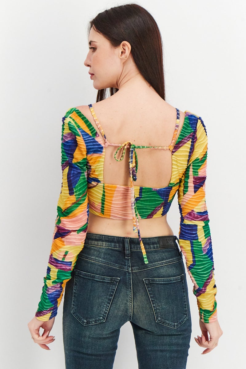 NA-KD Women U-Neck Long Sleeve Crop Top, Multicolor - Image 3