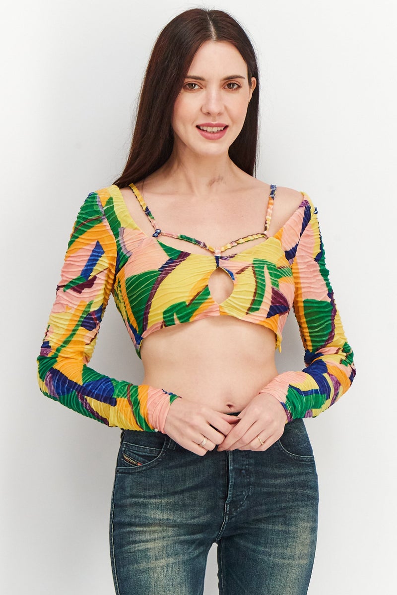 NA-KD Women U-Neck Long Sleeve Crop Top, Multicolor - Image 1