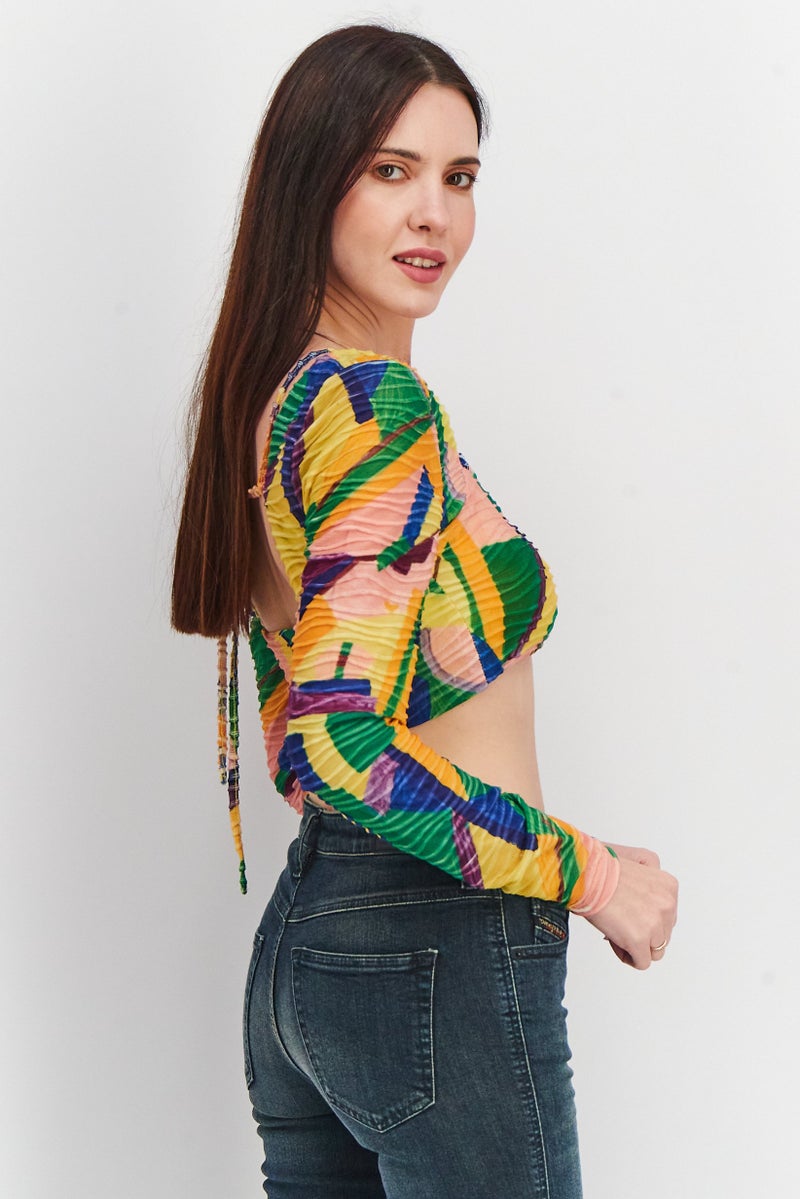 NA-KD Women U-Neck Long Sleeve Crop Top, Multicolor - Image 2