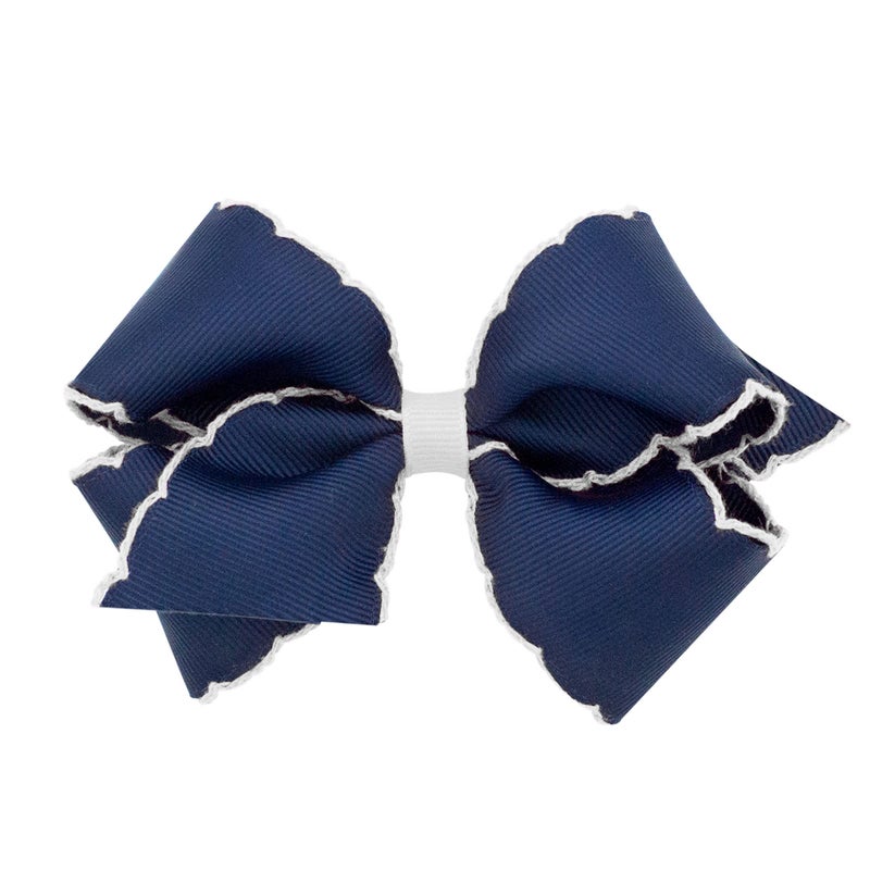 Wee Ones Girls' Classic Grosgrain Moonstitch Edge Hair Bow on a WeeStay Hair Clip, Contrasting Edge, Small, Navy with White - Image 1
