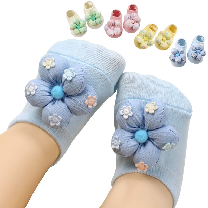 KEAINVRN 4Packs Baby Girls Socks,Flower Non-Slip Grips for Babies Toddler Princess Low Cut Ankle Socks for Girls (US, Age, 0 Months, 6 Months, yellow pink white bule) - Image 1