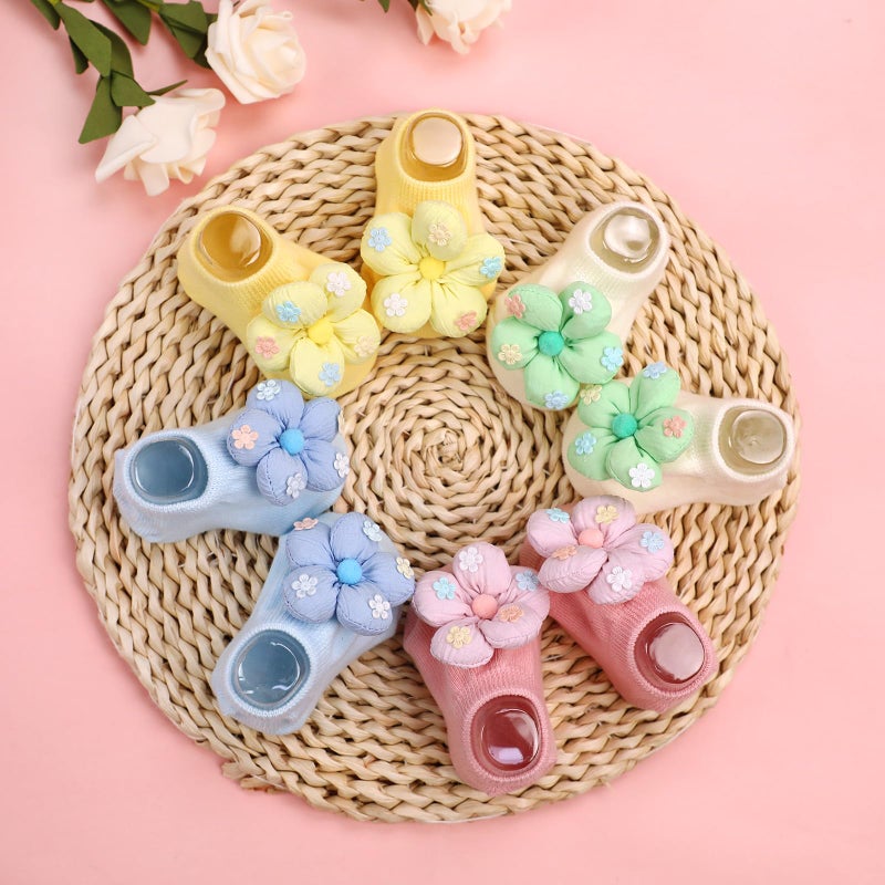 KEAINVRN 4Packs Baby Girls Socks,Flower Non-Slip Grips for Babies Toddler Princess Low Cut Ankle Socks for Girls (US, Age, 0 Months, 6 Months, yellow pink white bule) - Image 3