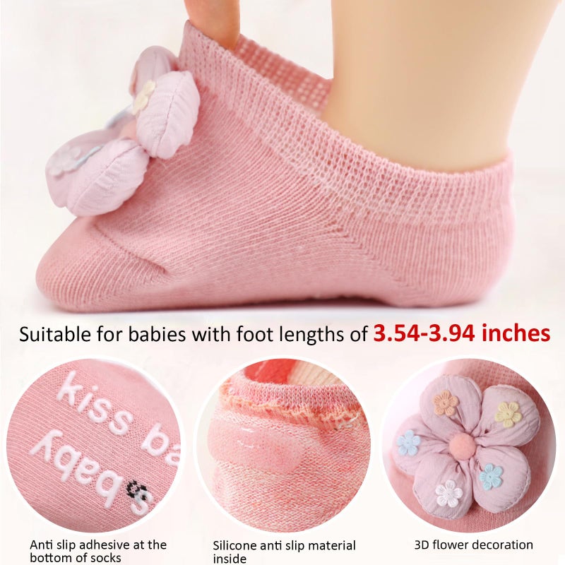 KEAINVRN 4Packs Baby Girls Socks,Flower Non-Slip Grips for Babies Toddler Princess Low Cut Ankle Socks for Girls (US, Age, 0 Months, 6 Months, yellow pink white bule) - Image 4