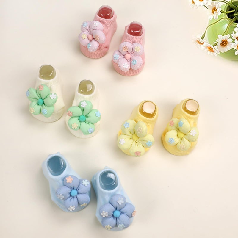 KEAINVRN 4Packs Baby Girls Socks,Flower Non-Slip Grips for Babies Toddler Princess Low Cut Ankle Socks for Girls (US, Age, 0 Months, 6 Months, yellow pink white bule) - Image 5