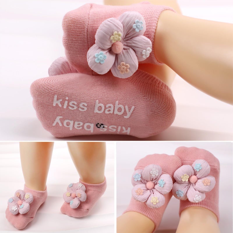 KEAINVRN 4Packs Baby Girls Socks,Flower Non-Slip Grips for Babies Toddler Princess Low Cut Ankle Socks for Girls (US, Age, 0 Months, 6 Months, yellow pink white bule) - Image 2