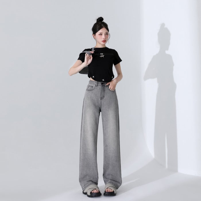 Wide Leg Jeans Women'S Textured Grey Jacquard Textured Wide Leg American Style Trailing Jeans Women'S Wide Leg Pants Women'S Spring - Image 1
