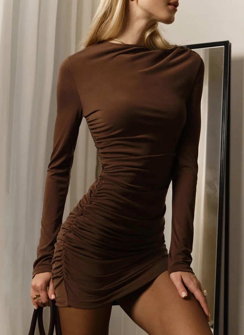 Lichi Jersey mini dress with long sleeves and gathering at the side seam