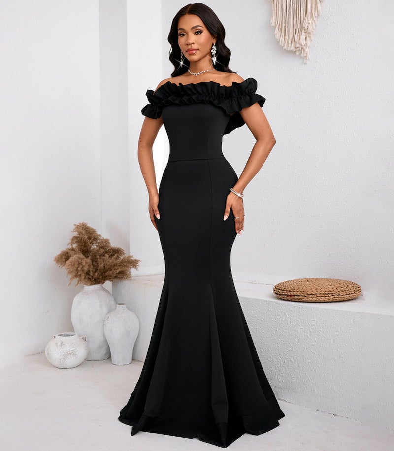 Cololura Sexy Floor-Length Off Shoulder Ruffles Stringy Selvedge Mermaid Bodycon Party Evening Maxi Dress Black - Image 4