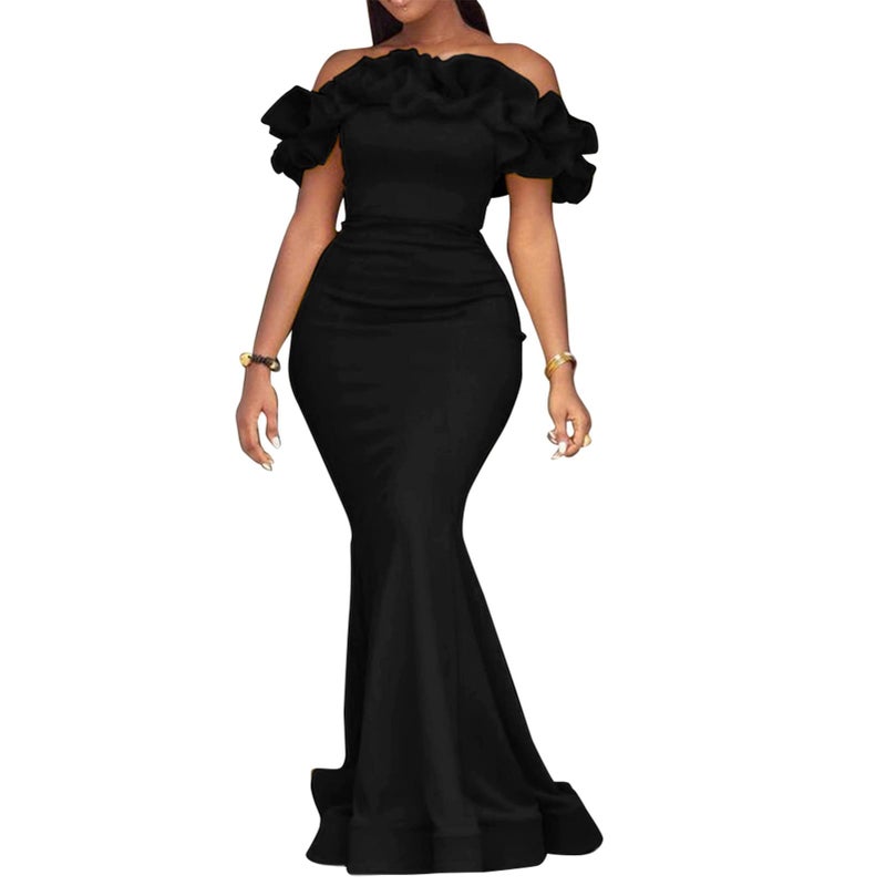 Cololura Sexy Floor-Length Off Shoulder Ruffles Stringy Selvedge Mermaid Bodycon Party Evening Maxi Dress Black - Image 1