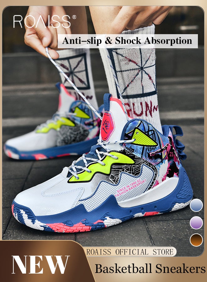 roaiss High Top Graffiti Training Basketball Shoes for Men Youth Outdoor Non Slip Shock Absorbing Sneakers Men's Breathable Lace Up Athletic Running Shoes Trainers - Image 3