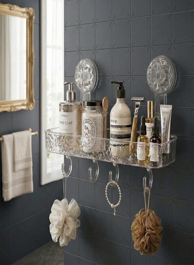LINEAR Wall Mounted Bathroom Shelf Organizer with Hooks, Self Adhesive Plastic Storage Rack, No Drill Waterproof Shower Shelf, Transparent Crystal Design, Strong Suction Holder (2, Rectangular) - Image 3