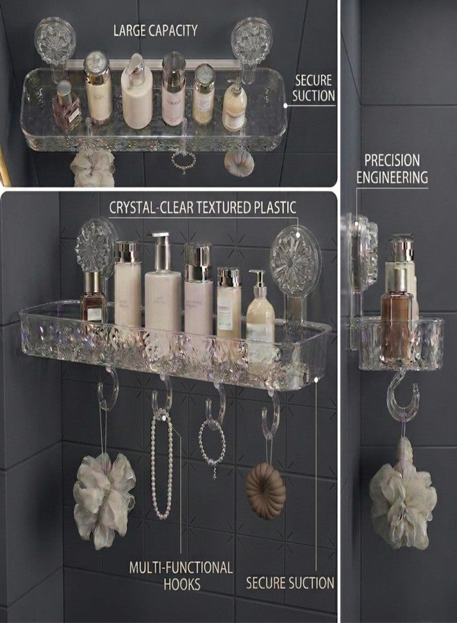 LINEAR Wall Mounted Bathroom Shelf Organizer with Hooks, Self Adhesive Plastic Storage Rack, No Drill Waterproof Shower Shelf, Transparent Crystal Design, Strong Suction Holder (2, Rectangular) - Image 5
