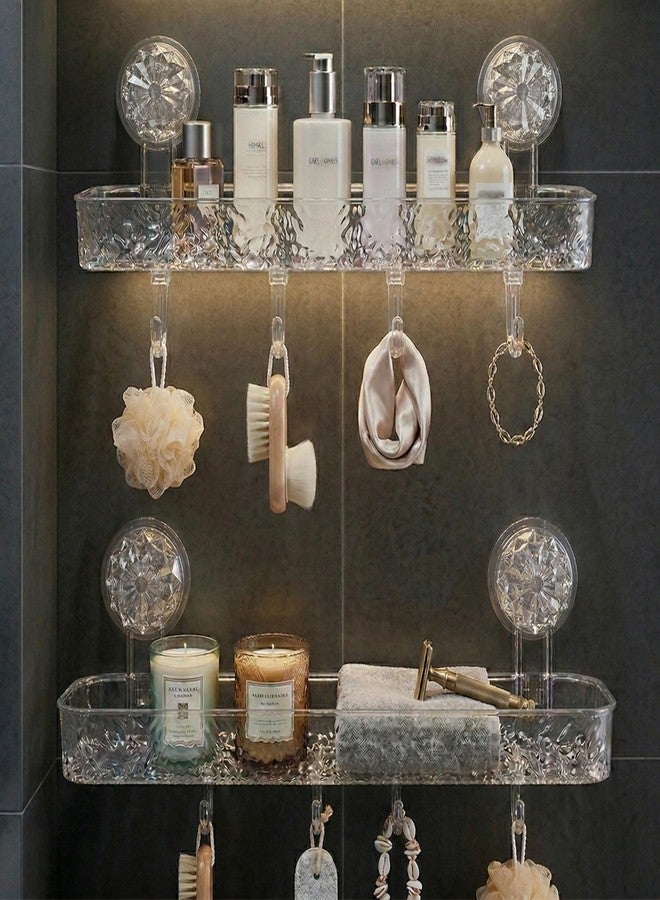 LINEAR Wall Mounted Bathroom Shelf Organizer with Hooks, Self Adhesive Plastic Storage Rack, No Drill Waterproof Shower Shelf, Transparent Crystal Design, Strong Suction Holder (2, Rectangular) - Image 1