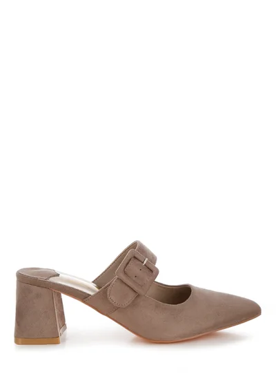 London Rag Buckle Strap Detail Microfiber Mules in Taupe