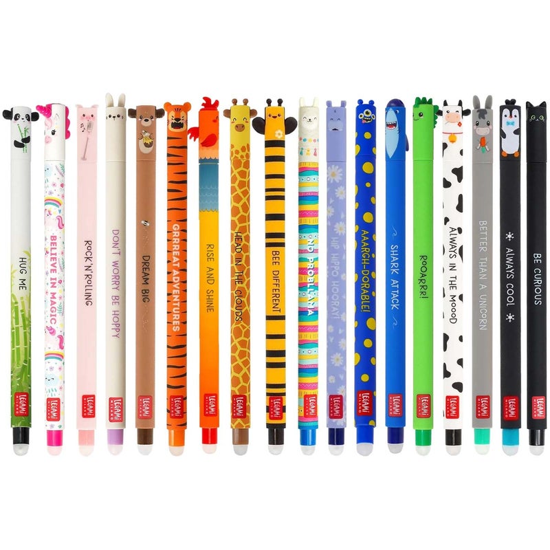 LEGAMI Set of 18 Erasable Gel Pens with Thermosensitive Erase Ink Range of ink colours barrel designs 07mm Tip Animal Designs Chicken Pig Donkey Cow etc - Image 2