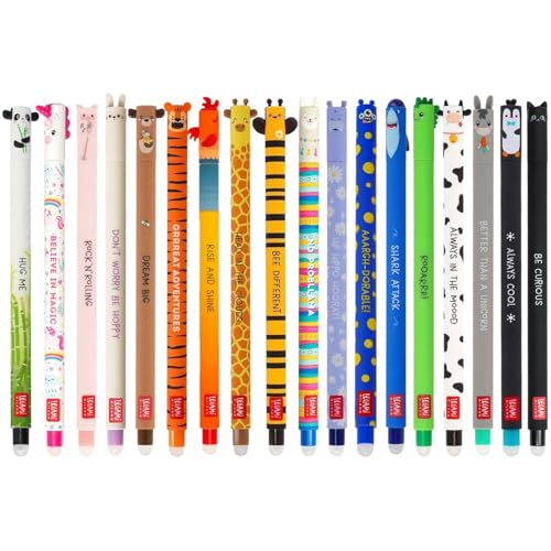 LEGAMI Set of 18 Erasable Gel Pens with Thermosensitive Erase Ink Range of ink colours barrel designs 07mm Tip Animal Designs Chicken Pig Donkey Cow etc - Image 1