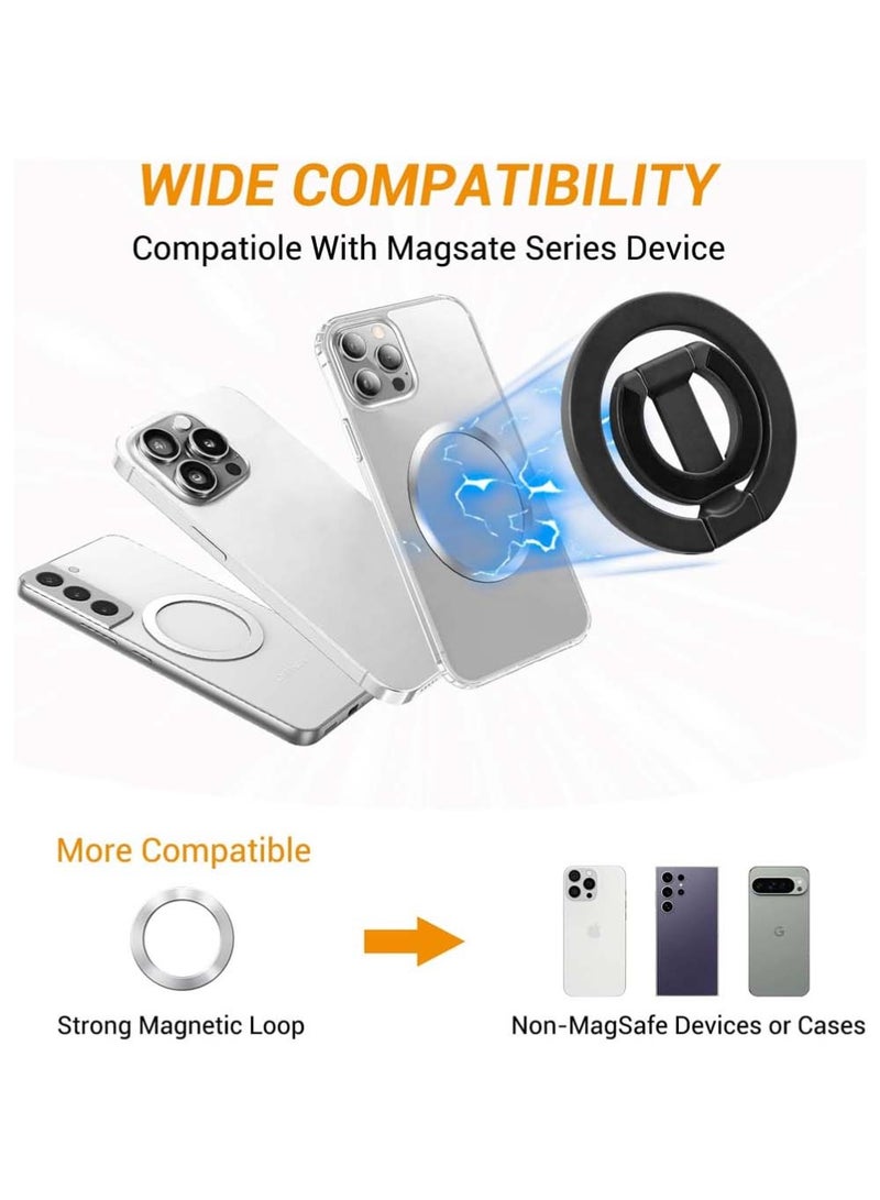 X-level Adjustable Magnetic Ring Holder Grip,Compatible Phone Ring Stand, Multi-Angle Kickstand,Ultra-Compact Folding Double Sided Magnetic Phone Grip,Including Magnet Ring for Phone Case,Black - Image 2