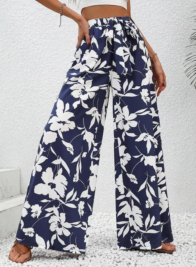 تايك تو Navy Blue Floral Print Wide Leg Trousers