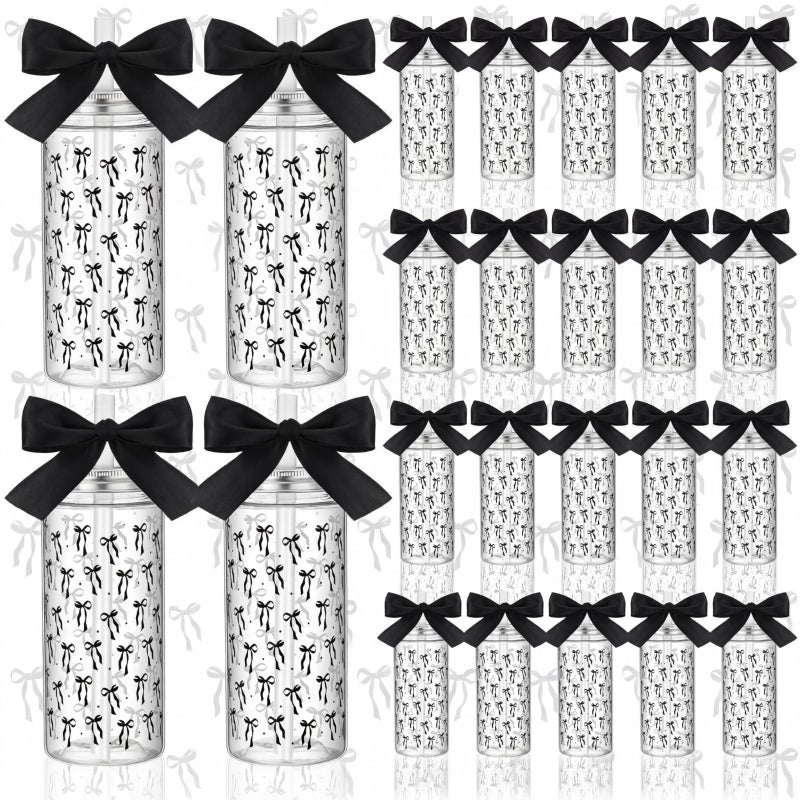 Singhoow 24 Pcs Black Bow Plastic Cups Reusable Water Bottle Coquette Bow Party Favors 14 oz Cute Aesthetic Black Tumbler with Lids and Straws Ribbon for Women Birthday Friend Wedding Party Supplies - Image 1