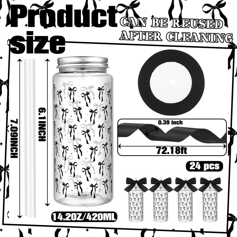 Singhoow 24 Pcs Black Bow Plastic Cups Reusable Water Bottle Coquette Bow Party Favors 14 oz Cute Aesthetic Black Tumbler with Lids and Straws Ribbon for Women Birthday Friend Wedding Party Supplies - Image 2