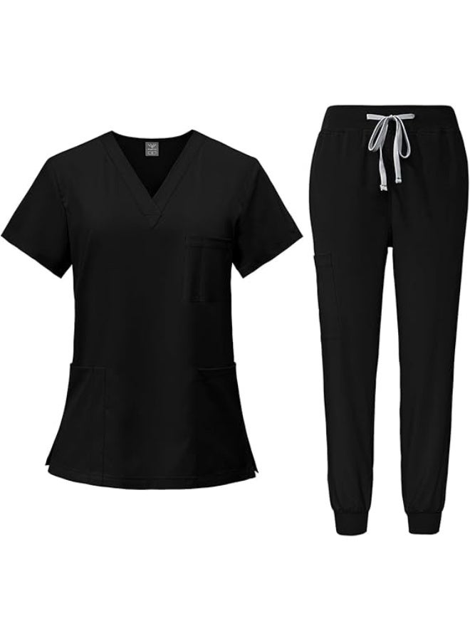 Bukela Scrubs for Set Stretch V-Neck Scrub Tops & Cargo Pant Quick Drying Solid Medical Nurse Uniform with Pockets - Image 1