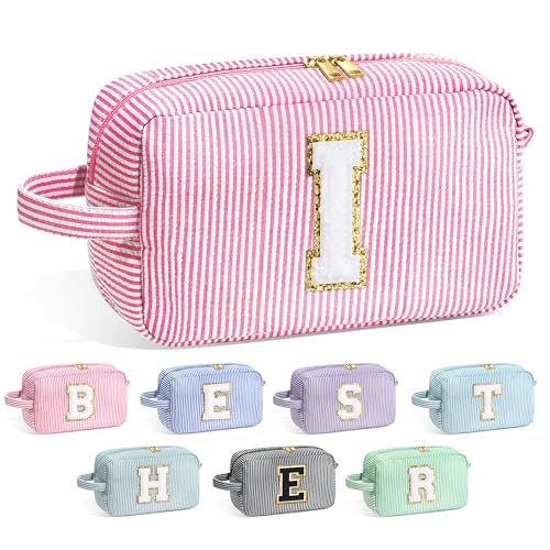 YOOLIFE Initial Cosmetic Bag for Women Monogram Cute Makeup Bag Cosmetic Case Toiletry Pouch for Women Her Best Friend Sister Teacher Personalized Birthday Gifts for Women Pink I - Image 1