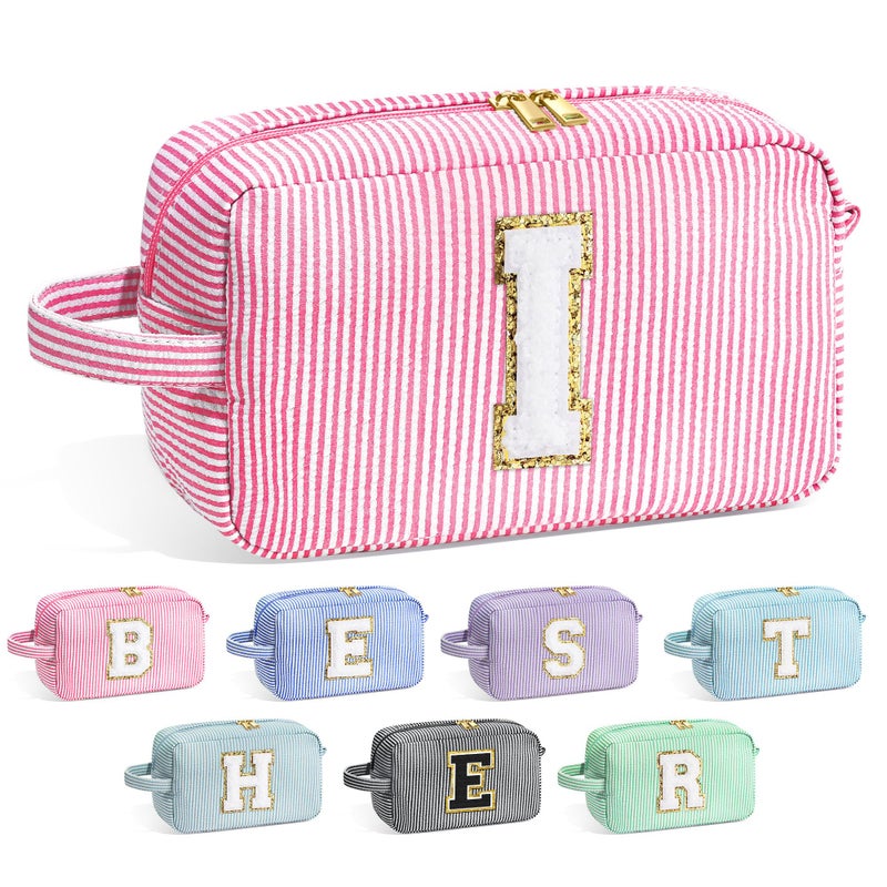 YOOLIFE Initial Cosmetic Bag for Women Monogram Cute Makeup Bag Cosmetic Case Toiletry Pouch for Women Her Best Friend Sister Teacher Personalized Birthday Gifts for Women Pink I - Image 2