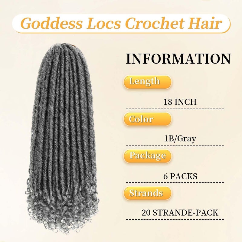 MODERN QUEEN Goddess Locs Crochet Hair 6 Packs 16 Inch Straight Faux Locs Crochet Hair for Black Women, Crochet Pre-Looped Curly Hair Soft Faux Locs Synthetic Braiding Hair Extensions (18 Inch, 6 Packs, 1B-GRAY#) - Image 2