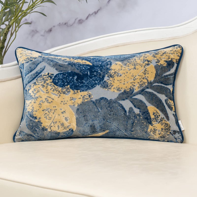 Yangest Blue Leaf Rectangle Pillow Cover Cut Velvet Cushion Cover Luxury Modern Pillowcover for Couch Living Room Bedroom12x20 Inch