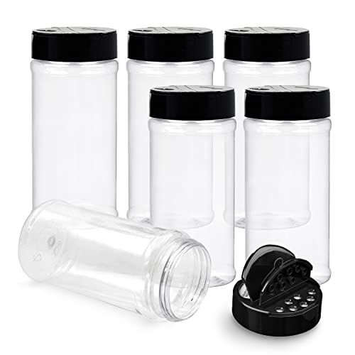 RoyalHouse 6 Pack 16 Oz Plastic Spice Jars with Black Cap Clear and Safe Plastic Bottle Containers with Shaker Lids for Storing Spice Herbs and Seasoning Powders BPA Free Made in USA