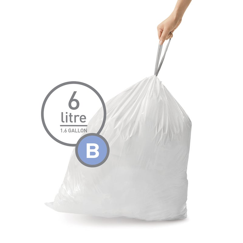 simplehuman Code B 90 Count, Dispenser Pack Custom Fit Liners, Drawstring Trash Bags, 6 Liter / 1.6 Gallon, White - Image 2