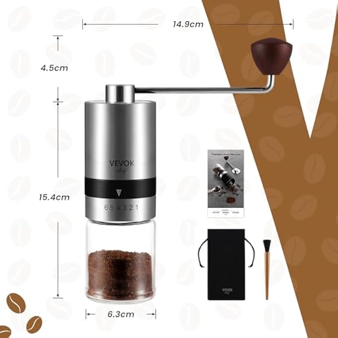 VEVOK CHEF Manual Coffee Mill With 6 Adjustable Setting Cnc Stainless Steel Burr Grinder Hand Coffee Grinder MakerPortable Stainless Steel Hank Crank Coffee Bean Grinder For Office Birthday Gifts - Image 5