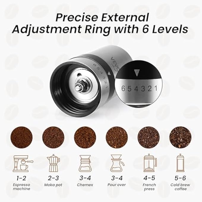 VEVOK CHEF Manual Coffee Mill With 6 Adjustable Setting Cnc Stainless Steel Burr Grinder Hand Coffee Grinder MakerPortable Stainless Steel Hank Crank Coffee Bean Grinder For Office Birthday Gifts - Image 3
