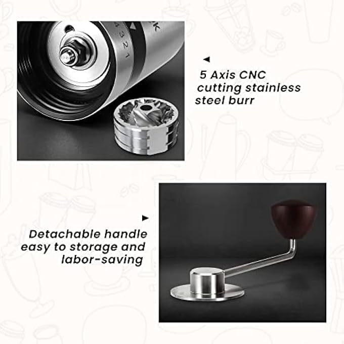 VEVOK CHEF Manual Coffee Mill With 6 Adjustable Setting Cnc Stainless Steel Burr Grinder Hand Coffee Grinder MakerPortable Stainless Steel Hank Crank Coffee Bean Grinder For Office Birthday Gifts - Image 4