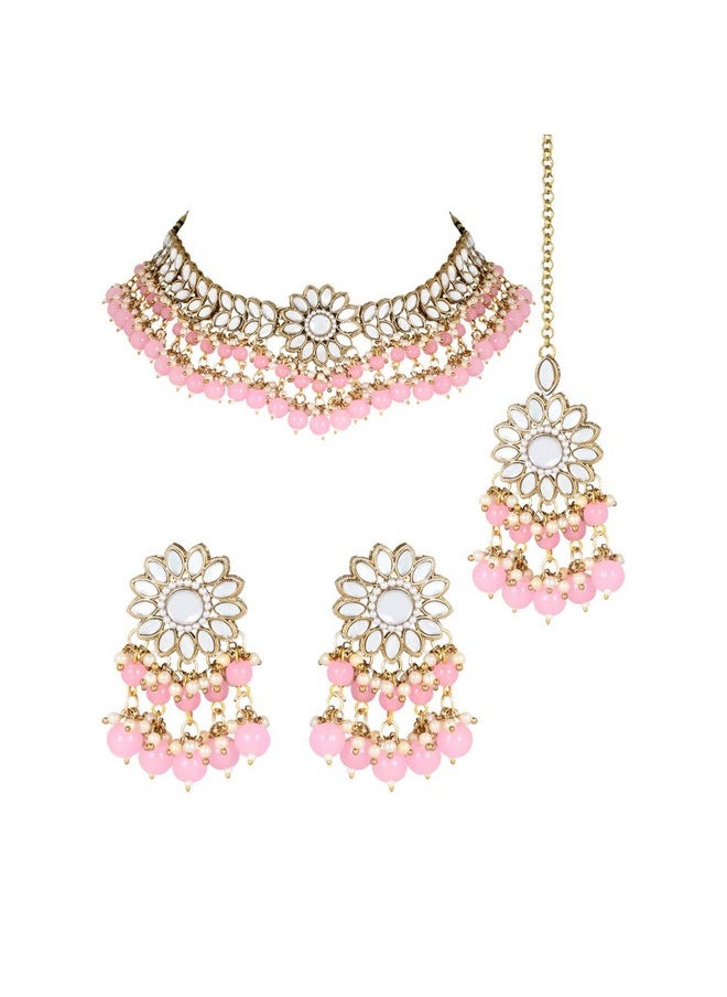 I Jewels - I Jewels Gold Plated Traditional Kundan Studded Pink Pearl Hanging Choker Necklace Jewellery Set With Earrings & Maang Tikka For Women (K7232Pi) - Image 1