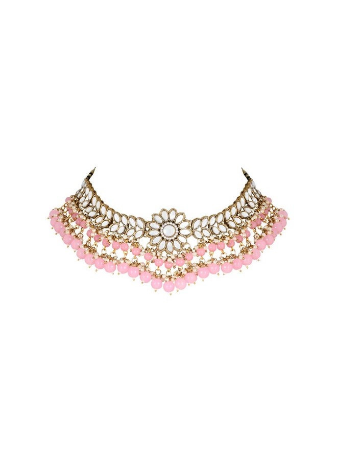 I Jewels - I Jewels Gold Plated Traditional Kundan Studded Pink Pearl Hanging Choker Necklace Jewellery Set With Earrings & Maang Tikka For Women (K7232Pi) - Image 1
